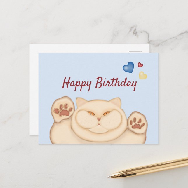Fat cat Happy Birthday Postcard (Front/Back In Situ)