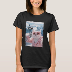 Fat Cat on a Yacht Boat with Shark Cool Funny Cat  T-Shirt