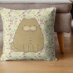 Fat Cat on Cottagecore Folk Art Flowers Throw Pillow