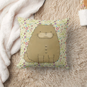 Fat Cat on Folk Art Flowers Throw Pillow