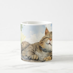 Fat Cat Relaxing On Tree Trunk Animal Fun Happy  Coffee Mug