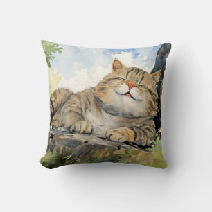 Fat Cat Relaxing On Tree Trunk Animal Fun Happy Throw Pillow