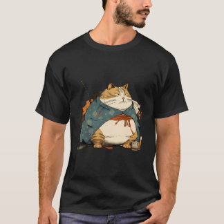Fat Cat Samurai Japanese Ukiyo E Style T-Shirt