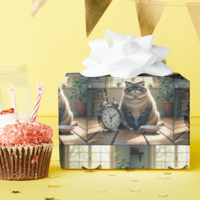 Fat Cat Waiting By an Empty Food Bowl Wrapping Paper (Birthday Party)