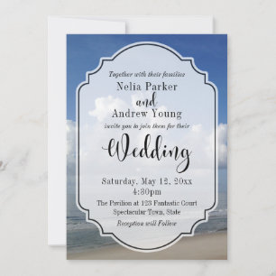 Fat Clouds Over Beach Photo w/ Badge Wedding Invitation