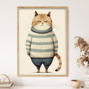 Fat Ginger Cat In Blue Sweater, Funny Cat Decor, Poster