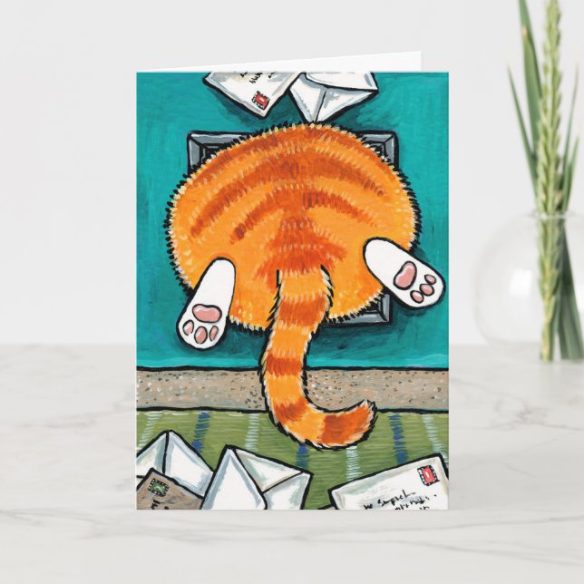 Fat Orange Tabby Cat in Cat Flap Card (Front)