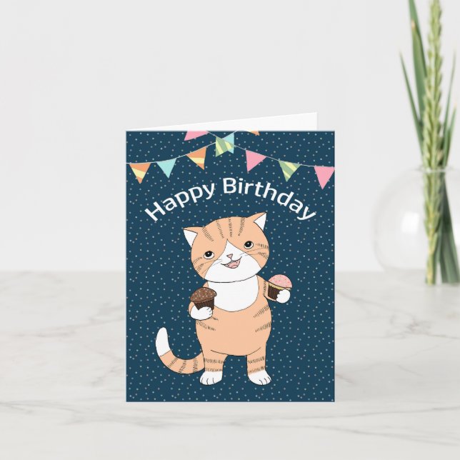 Fat Orange Tabby Ginger Cat with cupcakes birthday Card (Front)