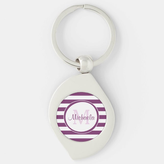 Fat Purple and White Stripes With Preppy Name Keychain (Front)