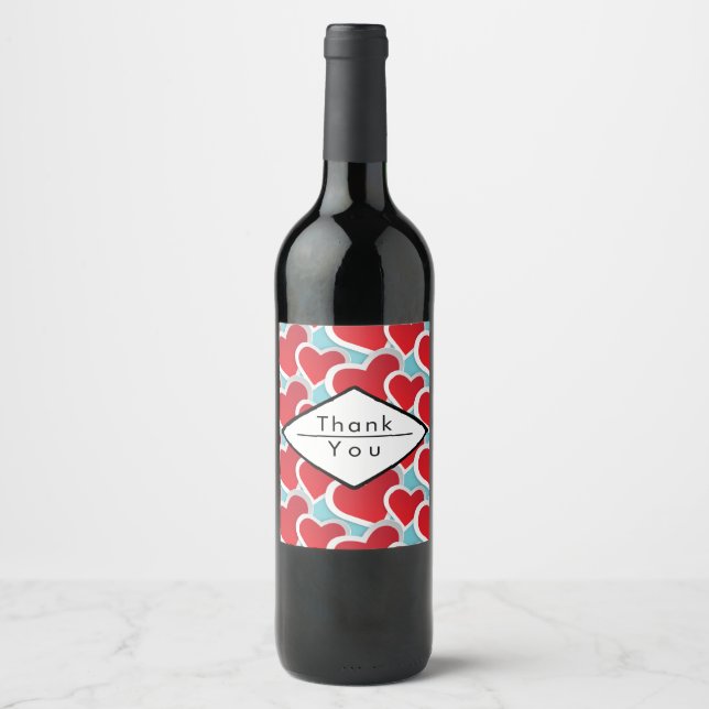 Fat Red Hearts Repeating Pattern Cute Thank You Wine Label (Front)