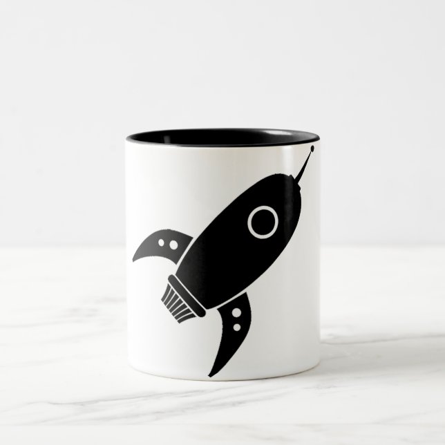 Fat Retro Rocket Ship Black Two-Tone Coffee Mug (Center)