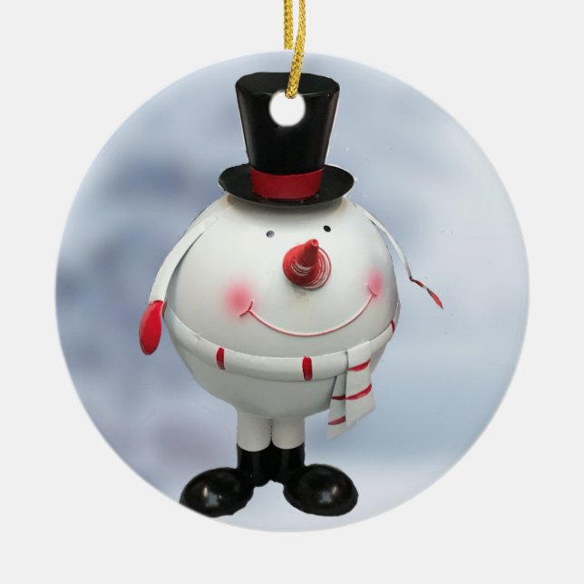 Fat Round Funny Tin Snowman Ceramic Ornament (Front)