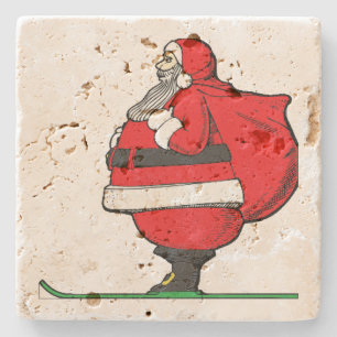 Fat Skiing Santa Claus Christmas Stone Coaster
