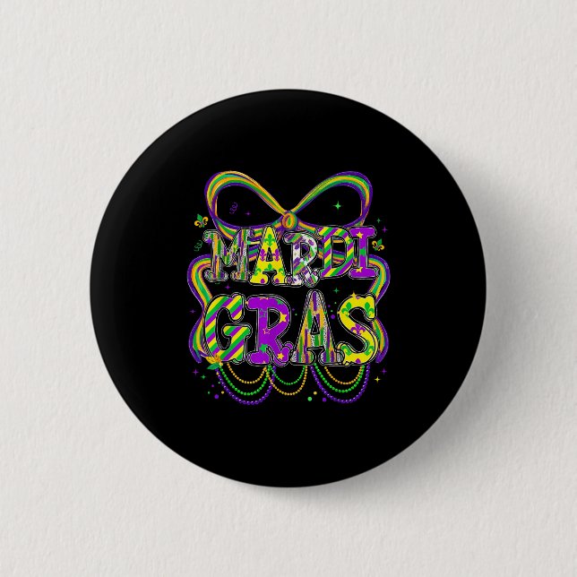 Fat Tuesday Mardi Gras Coquette Bow Kids Girls Wom 2 Inch Round Button (Front)