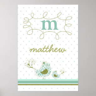 fatfatin Blue Swirly Mom & Baby Bird Kids Wall Art