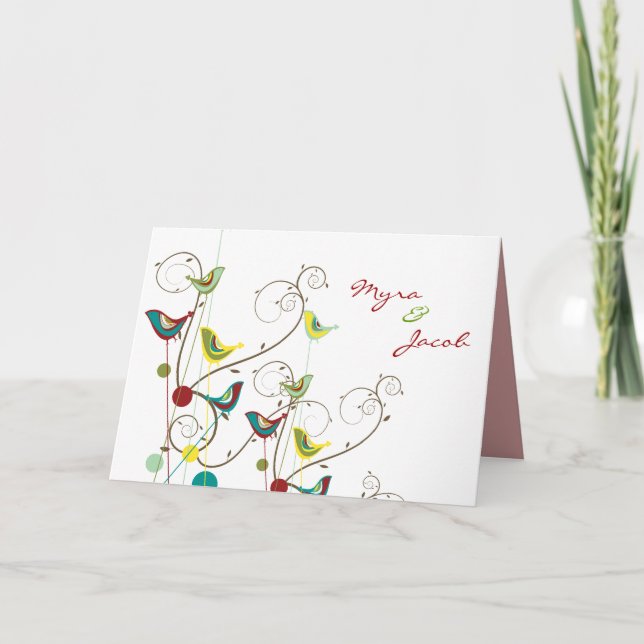 fatfatin Colourful Summer Birds Swirls Wedding Car Note Card (Front)