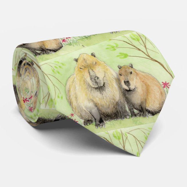 Father and Baby Capybara Neck Tie (Rolled)