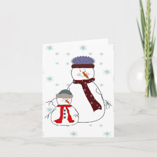 Father and Son Snowman Snowing Whimsical  Art Holiday Card