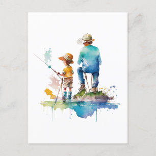 Father and Son Watercolor Illustration Ai Art Postcard