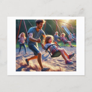 Father at Swing with Daughter, Postcard