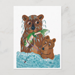 Father Bear trying to teach cub to fish Postcard