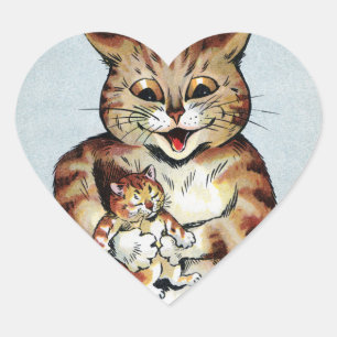 Father Cat Holding a Kitten, Louis Wain Heart Sticker