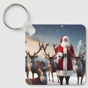 Father Christmas Posing With His Reindeers, Keychain
