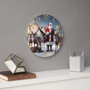 Father Christmas Posing With His Reindeers, Large Clock