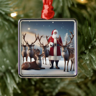 Father Christmas Posing With His Reindeers, Metal Ornament