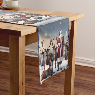 Father Christmas Posing With His Reindeers, Short Table Runner
