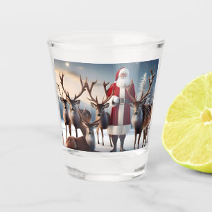 Father Christmas Posing With His Reindeers, Shot Glass