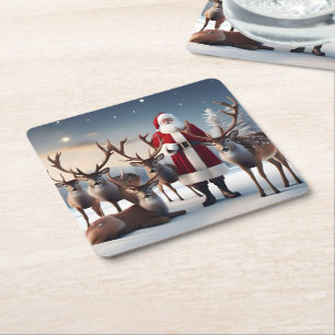 Father Christmas Posing With His Reindeers, Square Paper Coaster