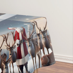 Father Christmas Posing With His Reindeers, Tablecloth