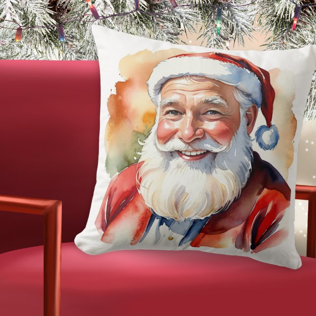 Father Christmas Santa Claus Face Portrait Custom Throw Pillow (A pillow with picture of Santa in a watercolor style, 'Merry Christmas' greeting and custom text)