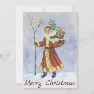 Father Christmas, Walking in the Snow acrylic art Holiday Card