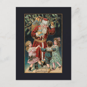 Father Christmas with Dancing Children & Mistletoe Postcard