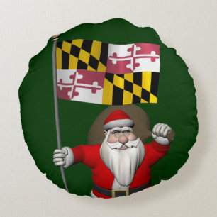 Father Christmas With Flag Of Maryland Round Pillow