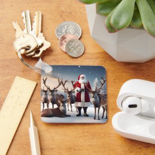 Father Christmas With His Reindeers, Keychain