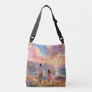Father & Daughter Flying Kite by Ocean Cliffs Crossbody Bag