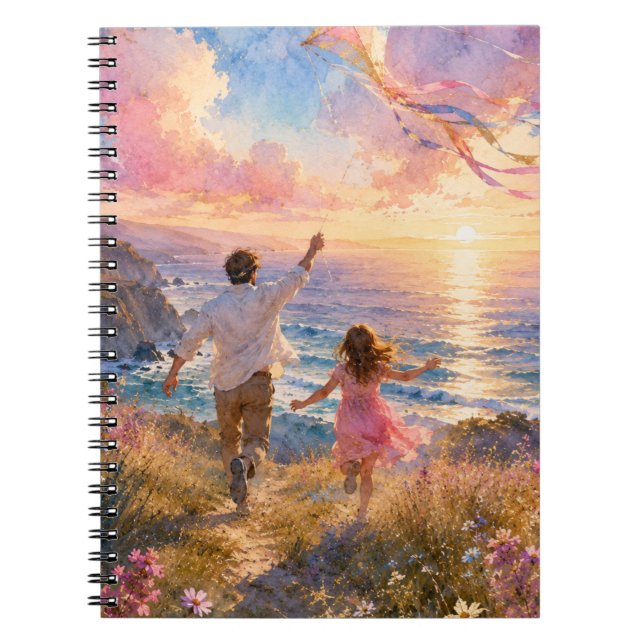 Father & Daughter Flying Kite by Ocean Cliffs Notebook (Front)