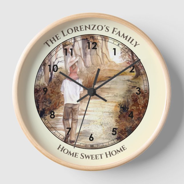 Father Daughter Walk Autumn Trail Watercolor Clock (Front)