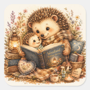 Father Hedgehog Reading Bedtime Story Square Sticker