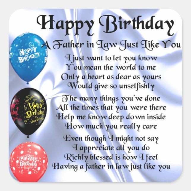 Father in Law Poem - Happy Birthday Square Sticker (Front)