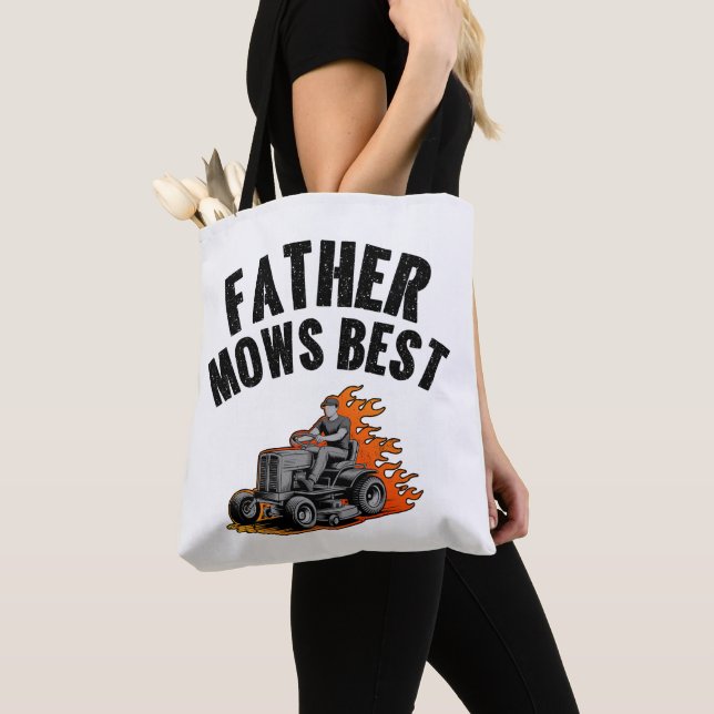 Father Mows Best Funny Dad Fire Flame Lawn Mowing Tote Bag (Close Up)