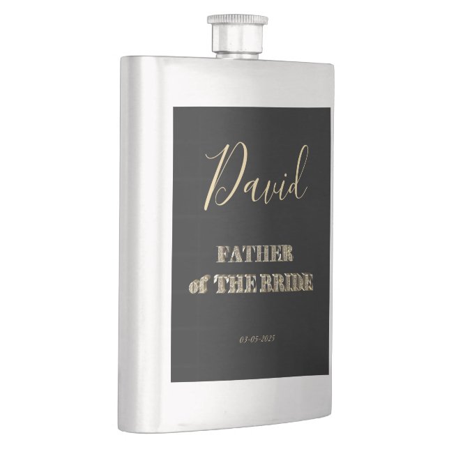 Father of The Bride Black Gold Glitter Typography Hip Flask (Right)