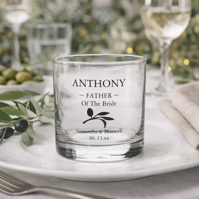Father of the Bride Personalized Wedding Party Whiskey Glass (Personalized Father of the Bride whiskey glass with olive branch design and wedding date keepsake)