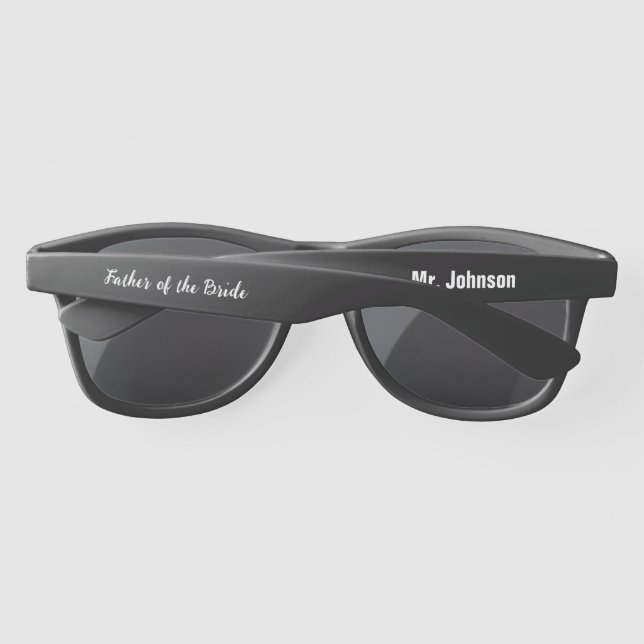 Father of the Bride Script Black White Name Text Sunglasses (Back)