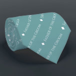 Father of the Groom Repeating White Text on Teal Tie<br><div class="desc">This fun teal or turquoise coloured neck tie is the perfect accessory for the father of the groom at your wedding. It features a simple yet elegant design with the word "Father of the Groom" written in a sophisticated all capital white font, and repeating in a diagonal pattern with diamond...</div>