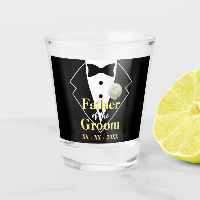 Father of the Groom Wedding Tuxedo Customizable Shot Glass (Front)