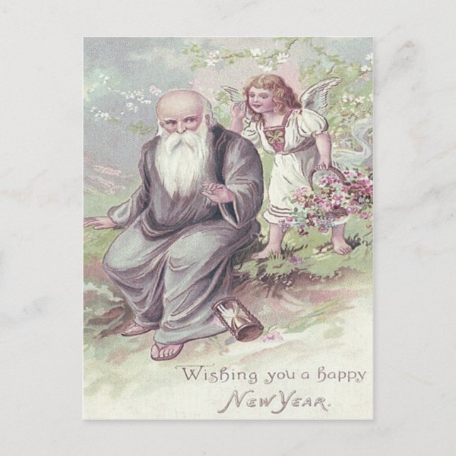 Father Time Cherub Angel Basket Hourglass Postcard (Front)